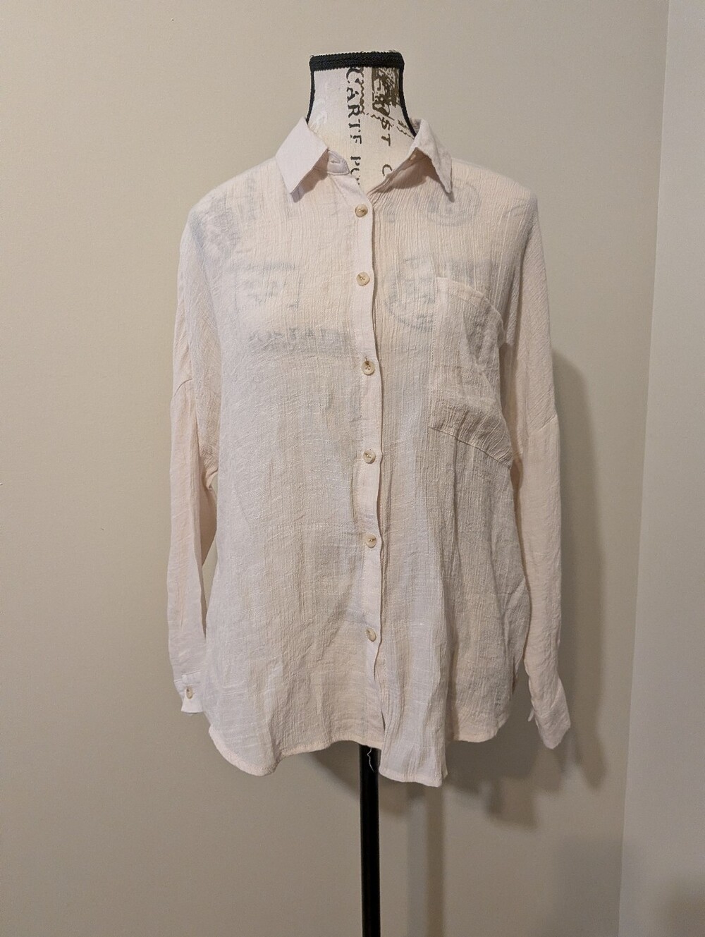 Blu Pepper Cream Pink Crinkle Textured Long Sleeve Button Up Shirt XS Relaxed
